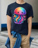 Cute Rainbow Jellyfish Kawaii T-Shirt - model wearing Navy T-shirt, hands in pockets, denim shirt at waist