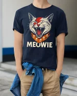 Meowie Rockstar Cat Funny T-Shirt - model wearing Navy T-shirt, hands in pockets, denim shirt at waist