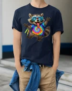 Party Raccoon Tie Dye T-Shirt - model wearing Navy T-shirt, hands in pockets, denim shirt at waist