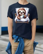 Cute Baby Sloth Bedtime T-Shirt - model wearing Navy T-shirt, hands in pockets, denim shirt at waist