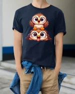 Cute Cartoon Owl Duo Tee - model wearing Navy T-shirt, hands in pockets, denim shirt at waist
