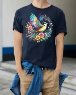Colorful Bird Music Tee - model wearing Navy T-shirt, hands in pockets, denim shirt at waist