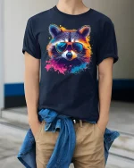 Cool Raccoon Sunglasses Tee - model wearing Navy T-shirt, hands in pockets, denim shirt at waist