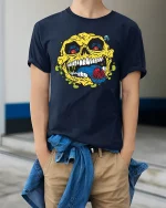 Creepy Skull Spider Tongue Tee - model wearing Navy T-shirt, hands in pockets, denim shirt at waist