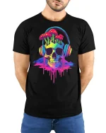 Trippy Skull T-Shirt - model with hands behind back, wearing Black T-shirt and blue jeans