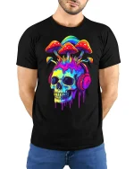 Mushroom Skull Headphones T-Shirt - model with hands behind back, wearing Black T-shirt and blue jeans