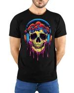 Trippy Skull Mushroom Headphones Tee - model with hands behind back, wearing Black T-shirt and blue jeans