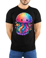 Cute Rainbow Jellyfish Kawaii T-Shirt - model with hands behind back, wearing Black T-shirt and blue jeans