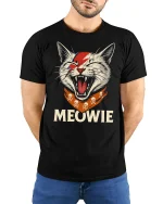 Meowie Rockstar Cat Funny T-Shirt - model with hands behind back, wearing Black T-shirt and blue jeans