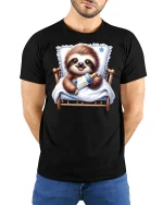 Cute Baby Sloth Bedtime T-Shirt - model with hands behind back, wearing Black T-shirt and blue jeans