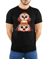 Cute Cartoon Owl Duo Tee - model with hands behind back, wearing Black T-shirt and blue jeans