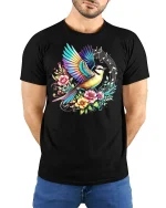 Colorful Bird Music Tee - model with hands behind back, wearing Black T-shirt and blue jeans