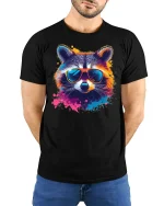 Cool Raccoon Sunglasses Tee - model with hands behind back, wearing Black T-shirt and blue jeans