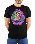 Trippy Monster Face Graphic Tee - model with hands behind back, wearing Black T-shirt and blue jeans