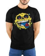 Creepy Skull Spider Tongue Tee - model with hands behind back, wearing Black T-shirt and blue jeans