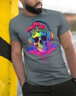 Trippy Skull T-Shirt - model leaning on yellow-black pole, wearing Gray T-shirt, hand in pocket
