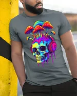 Mushroom Skull Headphones T-Shirt - model leaning on yellow-black pole, wearing Gray T-shirt, hand in pocket