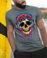 Trippy Skull Mushroom Headphones Tee - model leaning on yellow-black pole, wearing Gray T-shirt, hand in pocket