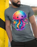 Cute Rainbow Jellyfish Kawaii T-Shirt - model leaning on yellow-black pole, wearing Gray T-shirt, hand in pocket
