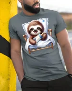 Cute Baby Sloth Bedtime T-Shirt - model leaning on yellow-black pole, wearing Gray T-shirt, hand in pocket