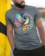 Colorful Bird Music Tee - model leaning on yellow-black pole, wearing Gray T-shirt, hand in pocket