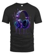 Neon Headphones Music T-Shirt - black t-shirt on white background