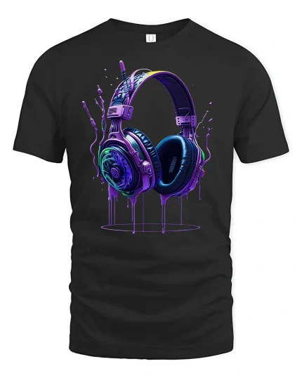 Neon Headphones Music T-Shirt - black t-shirt on white background
