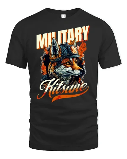 Military Kitsune Warrior Fox T-Shirt - black t-shirt on white background