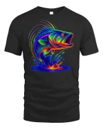 Neon Splash Bass Fish T-Shirt - black t-shirt on white background