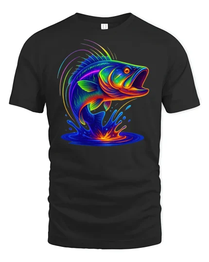 Neon Splash Bass Fish T-Shirt - black t-shirt on white background