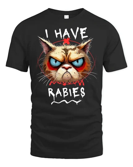 Funny Angry Cat I Have Rabies T-Shirt - black t-shirt on white background