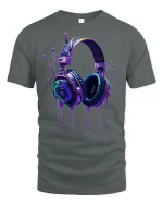 Neon Headphones Music T-Shirt - gray t-shirt on white background