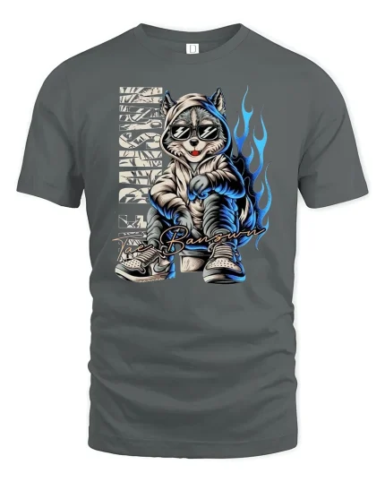 Streetwear Raccoon Hoodie T-Shirt - gray t-shirt on white background