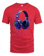 Neon Headphones Music T-Shirt - red t-shirt on white background