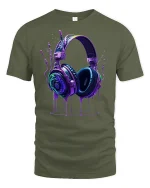 Neon Headphones Music T-Shirt - military green t-shirt on white background