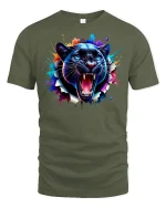 Roaring Panther Face T-Shirt - military green t-shirt on white background
