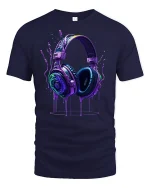 Neon Headphones Music T-Shirt - navy t-shirt on white background