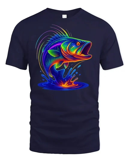 Neon Splash Bass Fish T-Shirt - navy t-shirt on white background