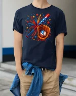 Patriotic Baseball Bat Glove Tee - model wearing Navy T-shirt, hands in pockets, denim shirt at waist