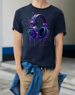 Neon Headphones Music T-Shirt - model wearing Navy T-shirt, hands in pockets, denim shirt at waist