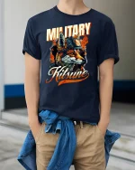 Military Kitsune Warrior Fox T-Shirt - model wearing Navy T-shirt, hands in pockets, denim shirt at waist