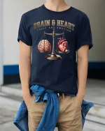 Brain and Heart Balance T-Shirt - model wearing Navy T-shirt, hands in pockets, denim shirt at waist