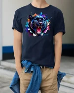 Roaring Panther Face T-Shirt - model wearing Navy T-shirt, hands in pockets, denim shirt at waist