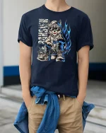 Streetwear Raccoon Hoodie T-Shirt - model wearing Navy T-shirt, hands in pockets, denim shirt at waist