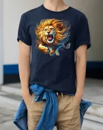 Roaring Lion Wild Power T-Shirt - model wearing Navy T-shirt, hands in pockets, denim shirt at waist