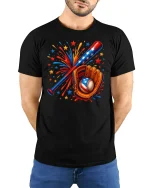Patriotic Baseball Bat Glove Tee - model with hands behind back, wearing Black T-shirt and blue jeans