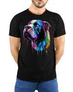 Rainbow Drip Dog Art Tee - model with hands behind back, wearing Black T-shirt and blue jeans
