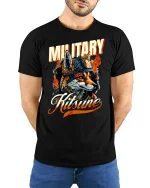 Military Kitsune Warrior Fox T-Shirt - model with hands behind back, wearing Black T-shirt and blue jeans