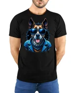 Cool Dog Sunglasses Biker T-Shirt - model with hands behind back, wearing Black T-shirt and blue jeans