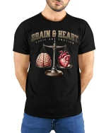 Brain and Heart Balance T-Shirt - model with hands behind back, wearing Black T-shirt and blue jeans